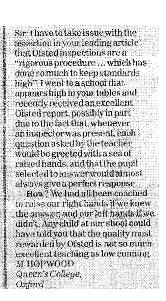 Newspaper clipping about OFSTED inspections